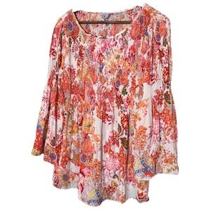 Floral & Ivy Print Pleated V Neck 3/4 Sleeve Blouse‎ Top Fairy Multicolored